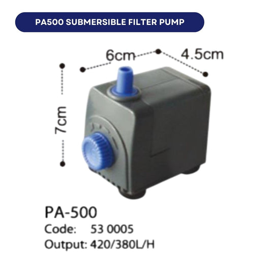 Dophin PA500 Submersible Filter Pump for Aquarium Fish Tank | Energy Efficient | Ideal for Marine/Fresh Water Fish Tank | Output: 420/380L/H | Suitable for Tank Size 80L | (Original from Tunai Store)