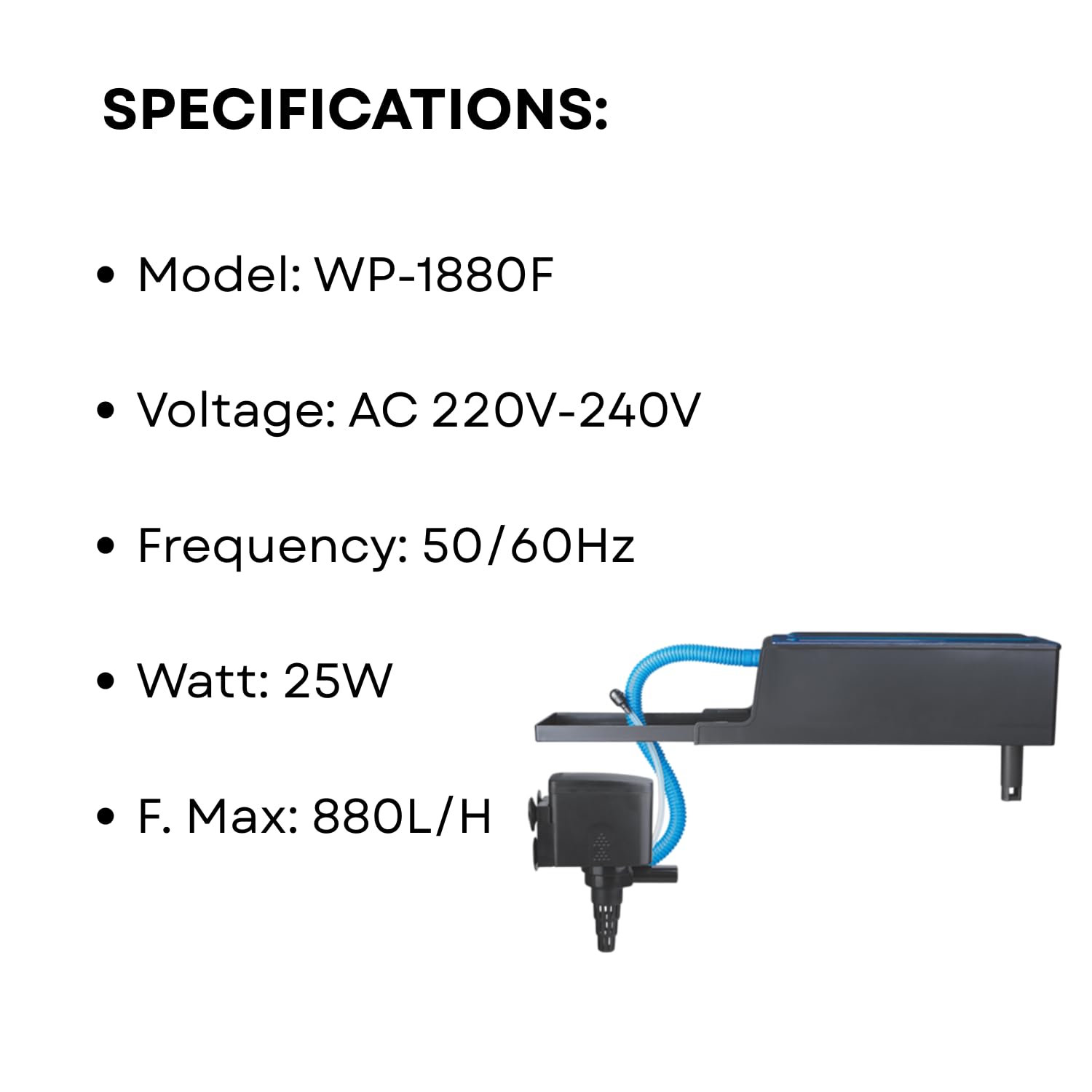 TUNAI S0B0 WP-1880F Top Filter for Aquarium Fish Tank | Efficient Filtration | Water Circulator & Oxygenation | Ideal for Marine and Freshwater Tank | Power: 25W | F.Max: 880L/H