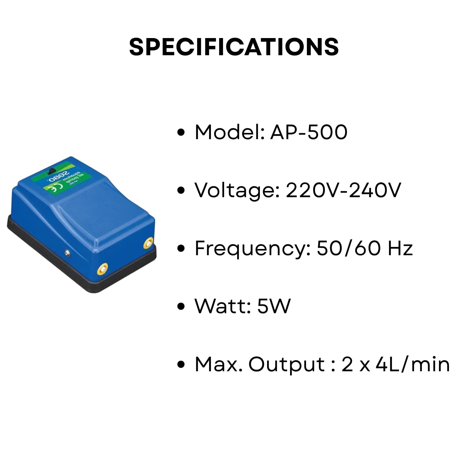S0B0 AP-500 Battery Air Pump for Aquarium Fish Tank | Ease and Quiet Operation | Ideal for Smaller Tanks | Power: 5W | F.Max: 2 x 4L | Original from Tunai Store (AP-500, F.Max: 2 x 4L)