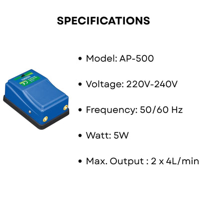 S0B0 AP-500 Battery Air Pump for Aquarium Fish Tank | Ease and Quiet Operation | Ideal for Smaller Tanks | Power: 5W | F.Max: 2 x 4L | Original from Tunai Store (AP-500, F.Max: 2 x 4L)