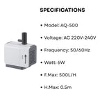 S0B0 AQ-500 Submersible Water Pump for Aquarium Fish Tank| Energy Saving & Environmental Friendly | For Marine & Fresh Water Aquariums | Power: 6W | F.Max: 500L/H | Original from Tunai Store