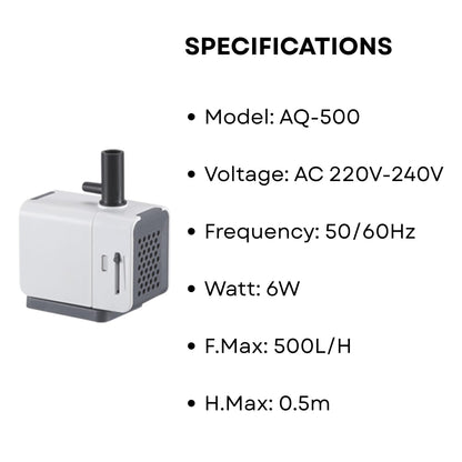 S0B0 AQ-500 Submersible Water Pump for Aquarium Fish Tank| Energy Saving & Environmental Friendly | For Marine & Fresh Water Aquariums | Power: 6W | F.Max: 500L/H | Original from Tunai Store