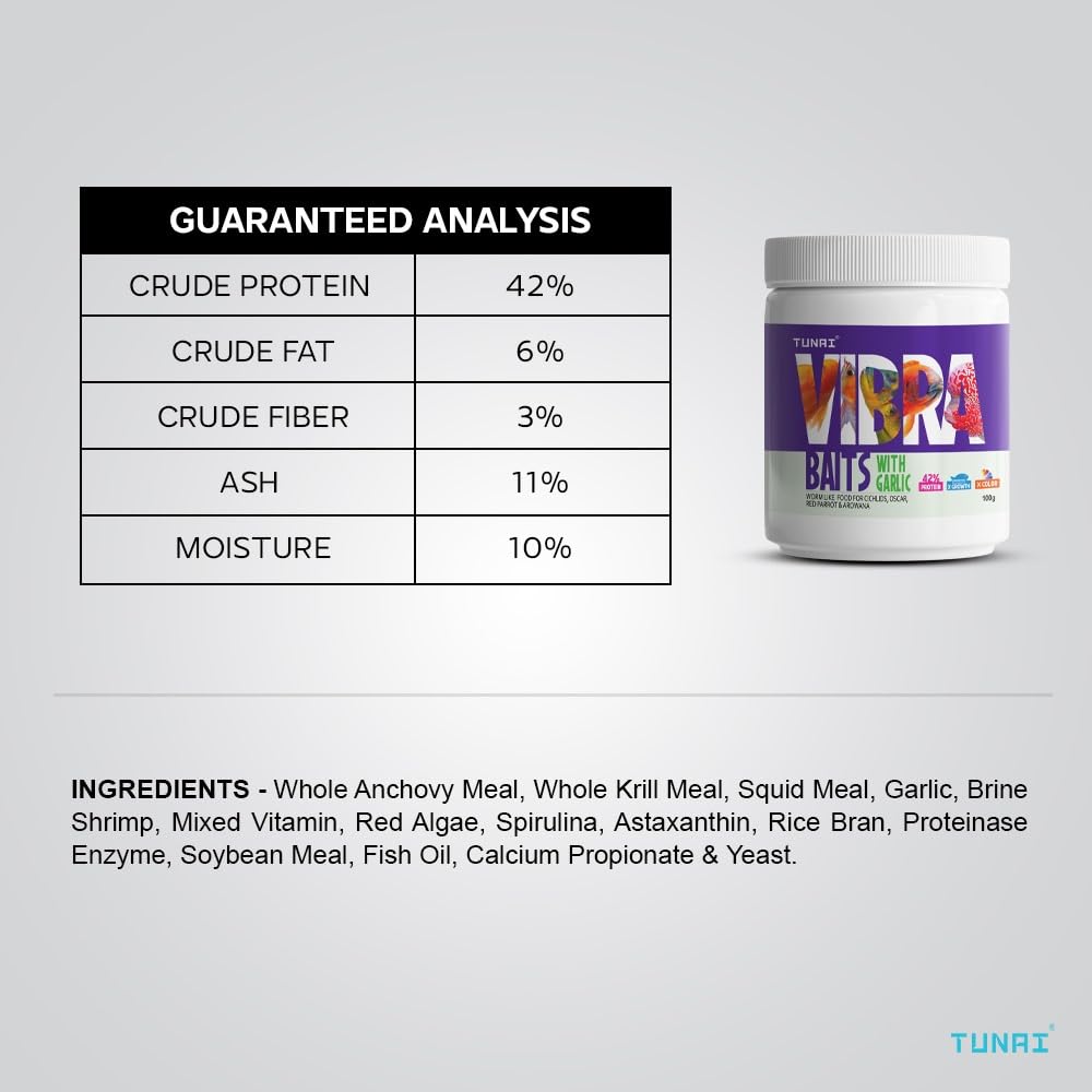 TUNAI VIBRA Bait Fish Food for Gold Fish, Angel Fish, Discus, Cichlids, Oscar, Red Parrot, Flower Horn, Arowana & Other Tropical Fishes (100g, Vibra Baits)