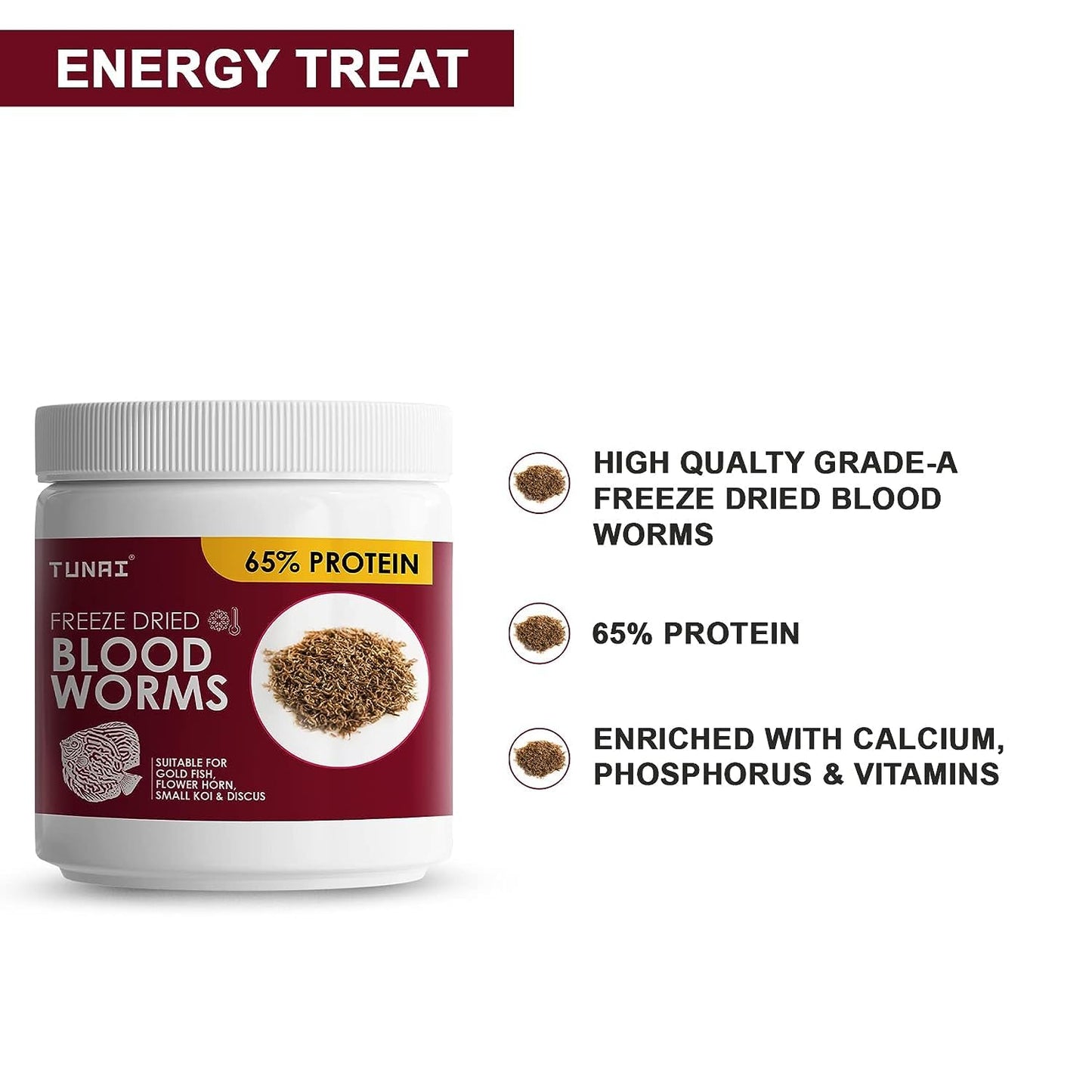 Tunai Superior Freeze Dried Blood Worms | 25g | Natural Fish Food for Tropical Fishes Like Arowana, Oscar, Gold Fish, Flowerhorn, and Discus with 65% Protein