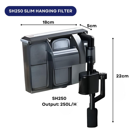 TUNAI Dophin SH250 Slim Hanging Filter For Aquarium Fish Tank | Mechanical And Biological Filtration |Output: 250/250L/H | Suitable For Tank Size 40L | (Original from Store)