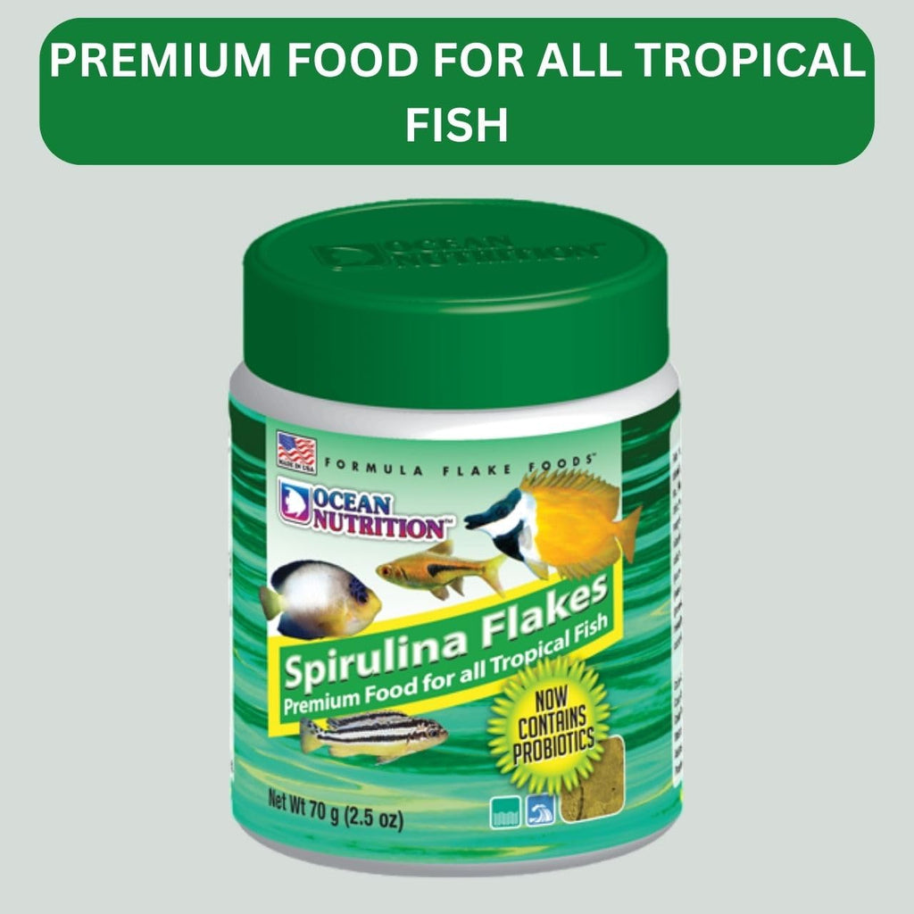 ON+ Spirulina Flakes Fish Food with Probiotics (Original from Tunai Store) | Premium Flake Food for All Tropical Fish (71gms, Flake)