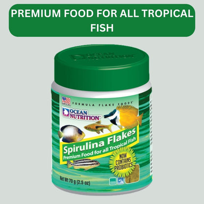 ON+ Spirulina Flakes Fish Food with Probiotics (Original from Tunai Store) | Premium Flake Food for All Tropical Fish (71gms, Flake)