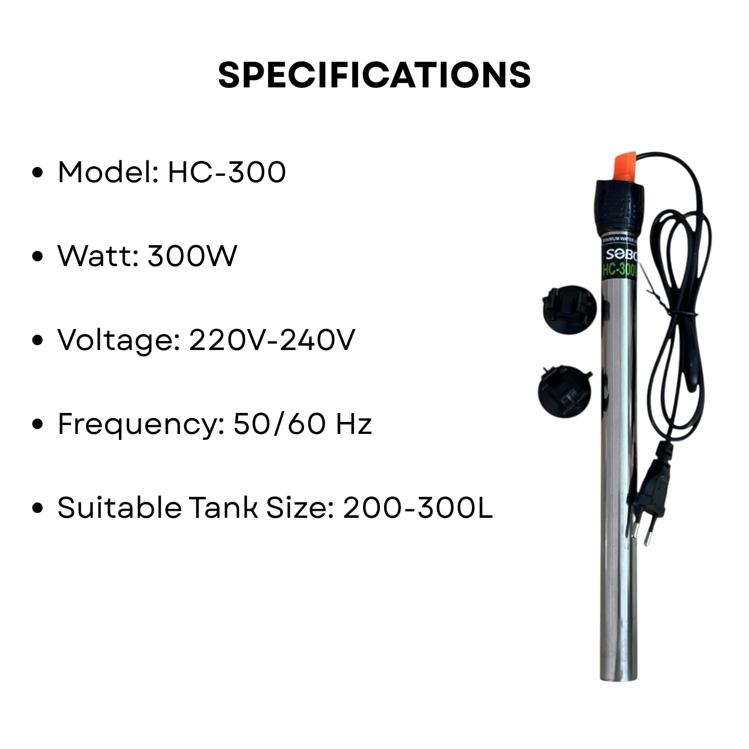 S0B0 HC-300 316 300W Stainless Steel Aquarium Heater| Stainless Steel Tube | Corrosion-Resistance | Fully Submersible | Suitable for 200-300L Aquarium | Original from Tunai Store