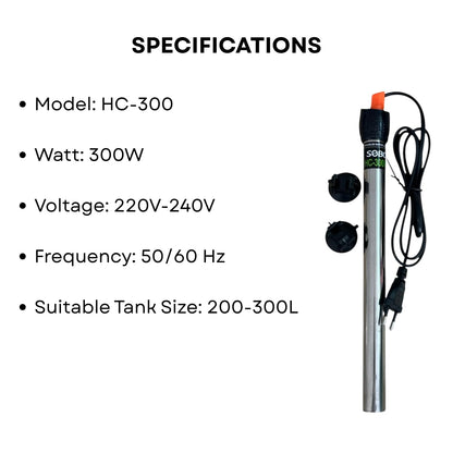 S0B0 HC-300 316 300W Stainless Steel Aquarium Heater| Stainless Steel Tube | Corrosion-Resistance | Fully Submersible | Suitable for 200-300L Aquarium | Original from Tunai Store