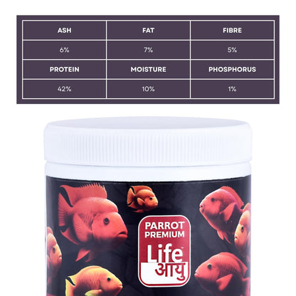 Life AAYU Parrot Premium Fish Food | Color Enhancing & Immunity-Boosting | Natural Pellets with Spirulina & Omega-3 | (200 GMS)