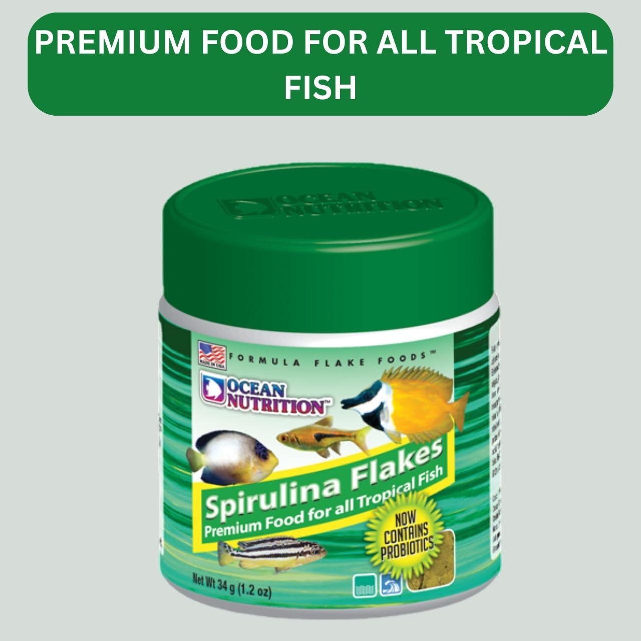 ON+ Spirulina Flakes Fish Food with Probiotics (Original from Tunai Store) | Premium Flake Food for All Tropical Fish (34gms, Flake)