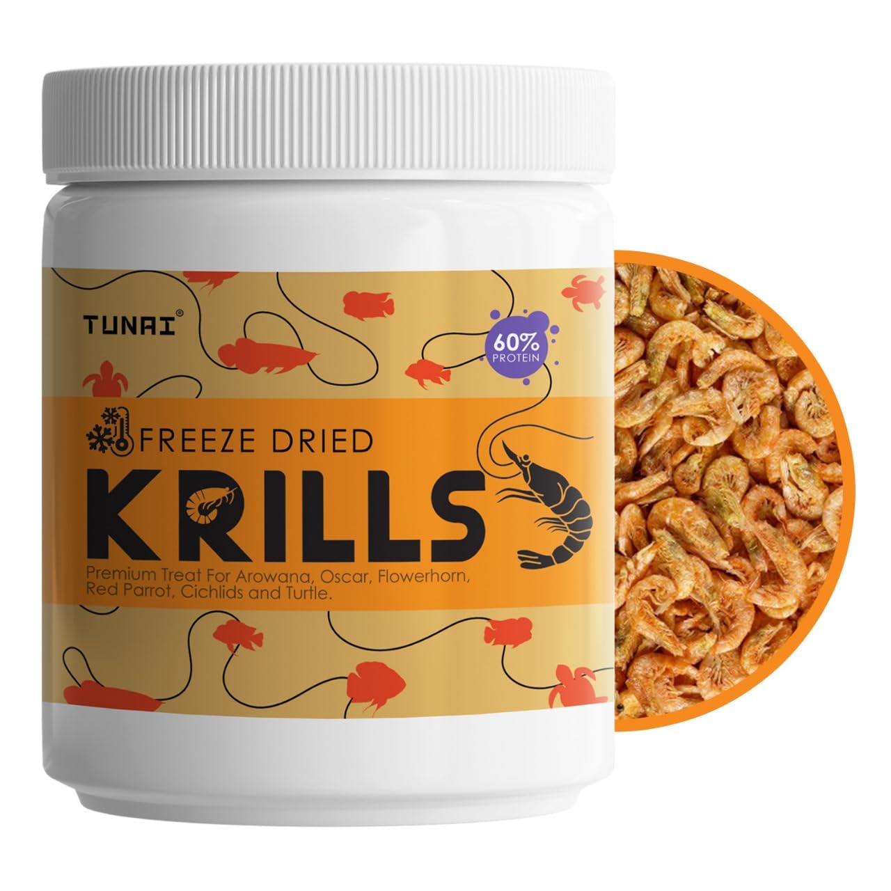 TUNAI Freeze Dried Krills Fish Food & Treats for Turtle, Cichlids, Flowerhorn, Oscar, Red Parrot, Arowana & Other Carinvorous Fish (25g, Krill)