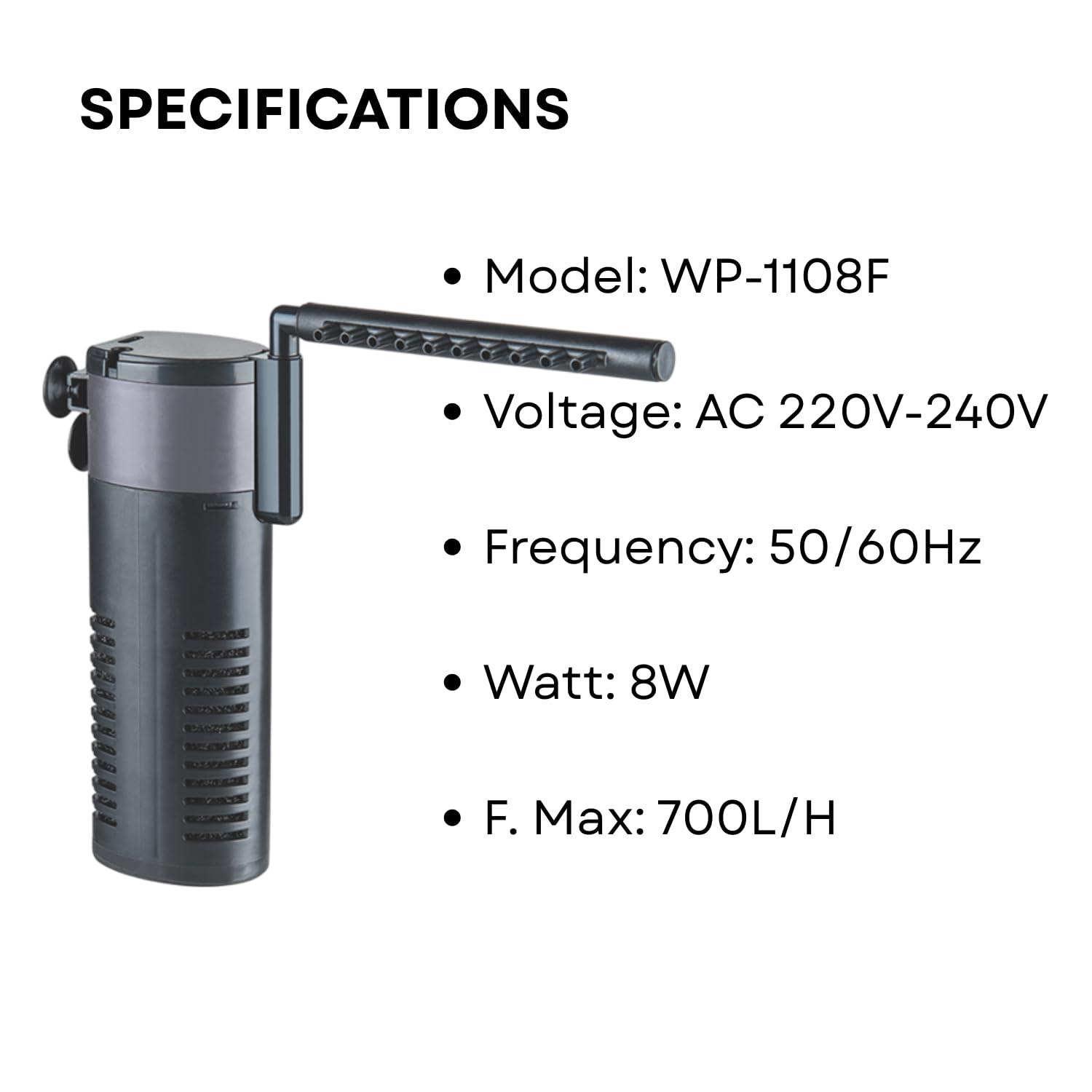 S0B0 WP-1108F Internal Filter for Aquarium Fish Tank | Completely Submersible | Absorbs Dirt & Clears The Water | for Fresh & Marine Water Tank | Power: 8W | F.Max: 700L/H | Original from Tunai Store