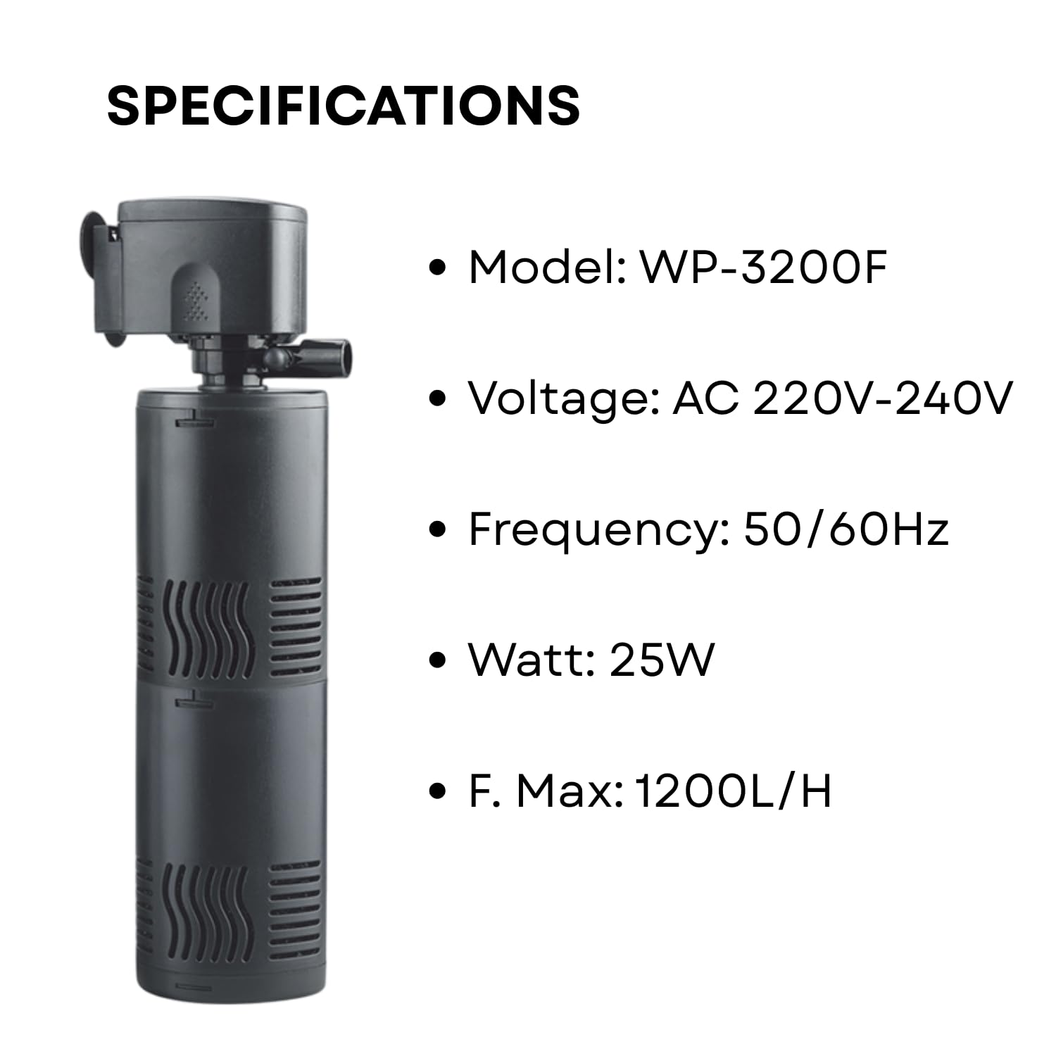 S0B0 WP-3200F Internal Filter for Aquarium Fish Tank | Completely Submersible | Absorbs Dirt & Clean The Water | for Fresh & Marine Water Tank | Power:25W | F.Max: 1200L/H | Original from Tunai Store