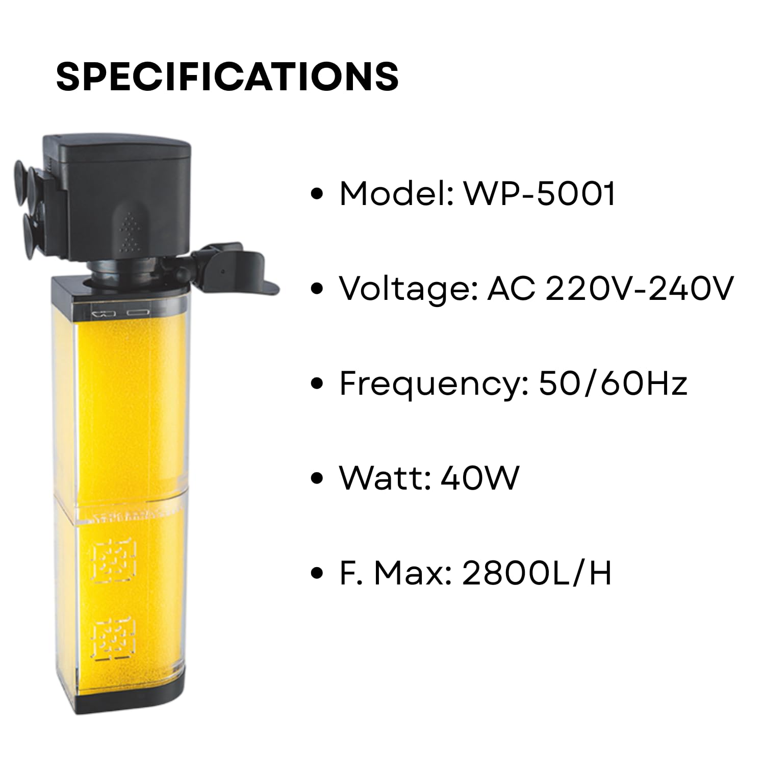 S0B0 WP-5001 Internal Filter for Aquarium Fish Tank | Completely Submersible | Absorbs Dirt & Cleans Water | for Fresh and Marine Water Tank | Power: 40W | F.Max: 2800L/H | Original from Tunai Store