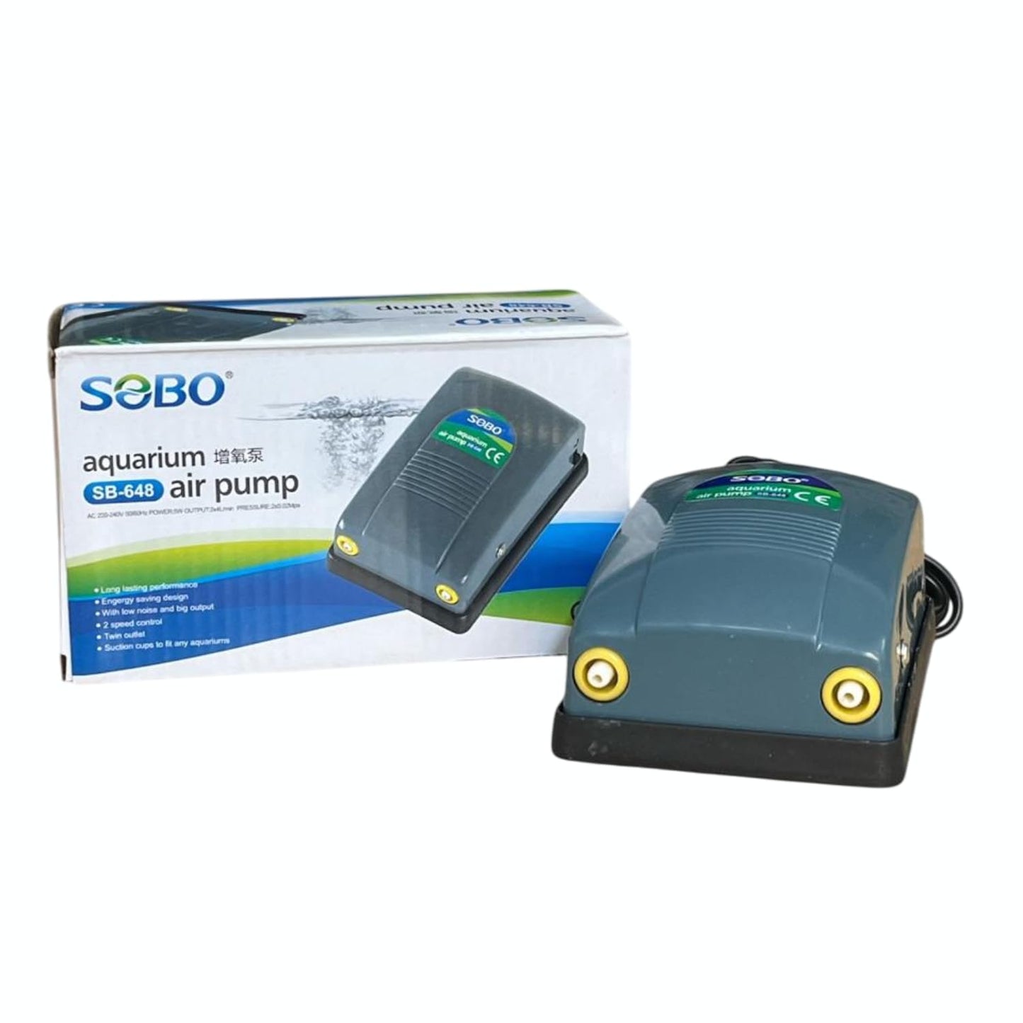 S0B0 SB-648 Air Pump for Aquarium Fish Tank | Energy Saving Design | Low Noise and Big F.Max | Single Outlet | Power: 5W | F.Max: 2 x 4L/min | Original from Tunai Store