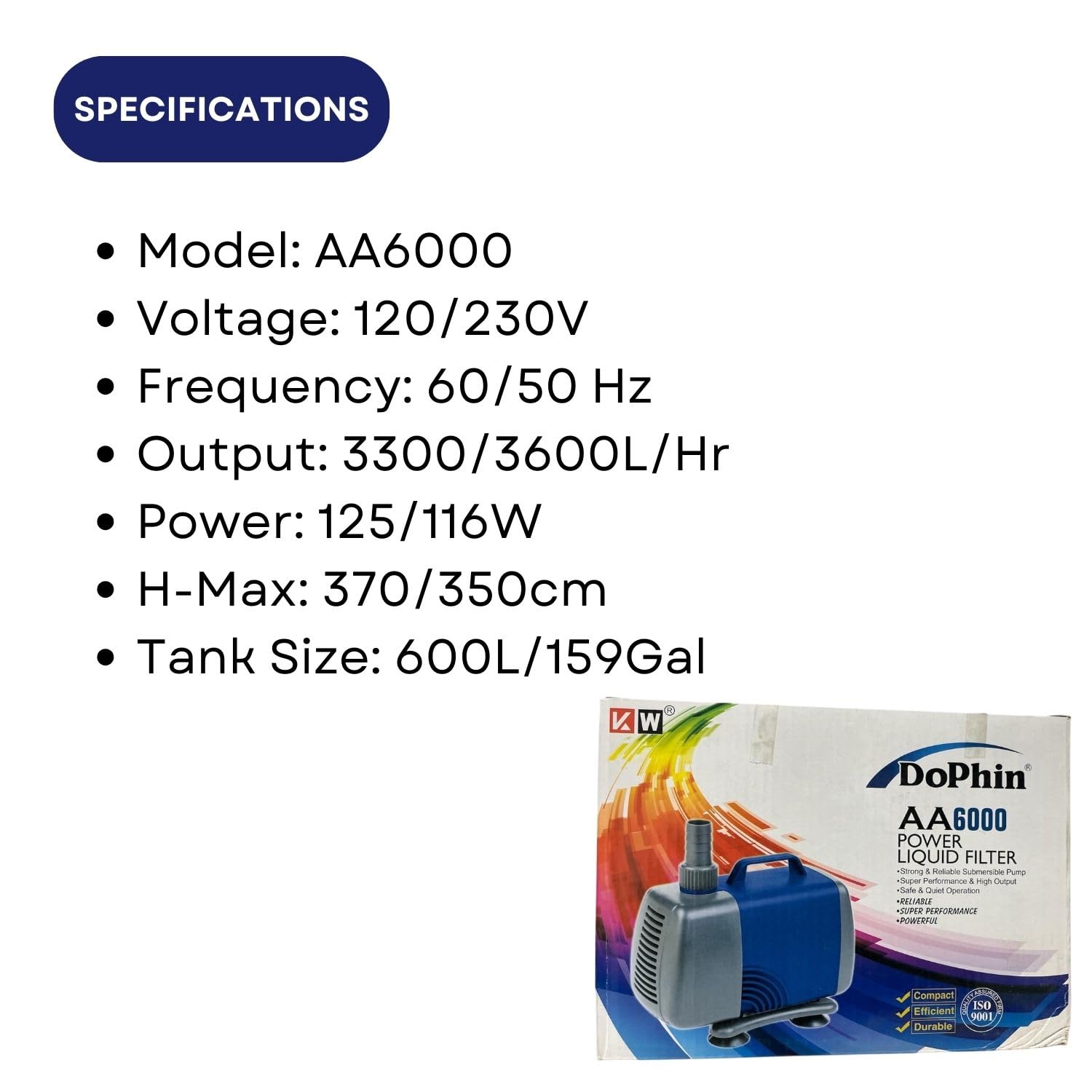 Dophin AA6000 Submersible Pump Power Liquid Filter for Aquarium Fish Tank | Output: 3300/3600L/H | Suitable for Tank Size 600L | (Original from Tunai Store)