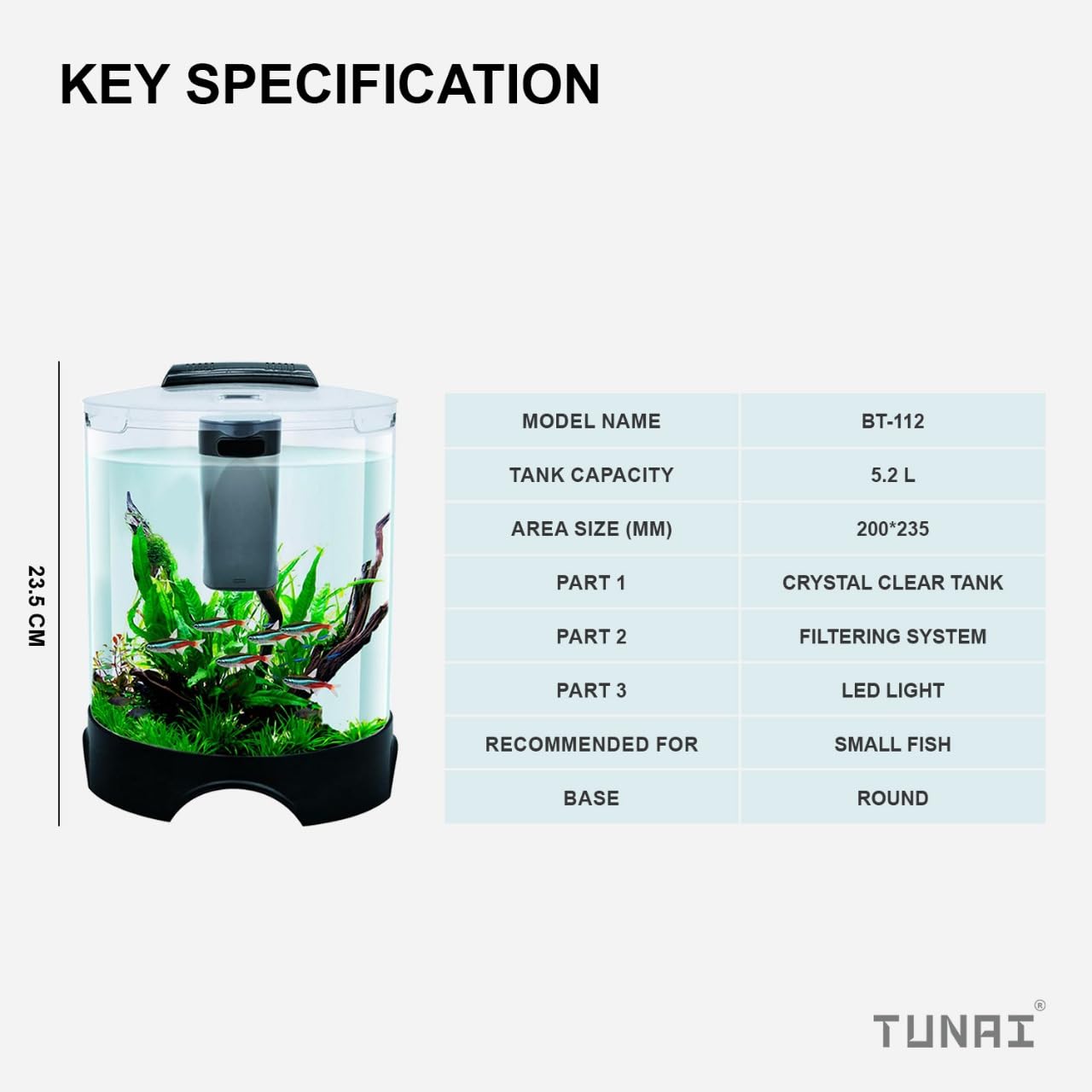 Tunai+ KW BT112 All-in-One DIY Aquarium Fish Tank Comes with Filter and Led Lights, 5.2 Ltrs Capacity Suitable for Small Fish Like Betta, Zebra, Guppy, Tetras & Others