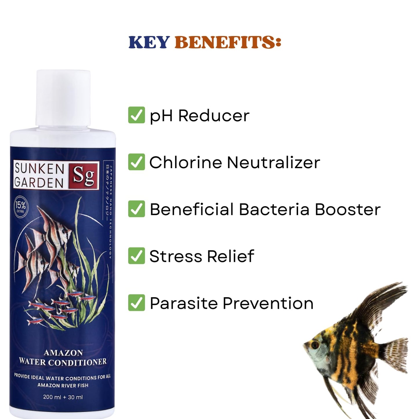 Sunken Garden Amazon Fish Water Conditioner | pH Reducer + Chlorine Neutralizer + Parasite Prevention | Made for All Amazonian Fish Such as Angels and tetras (200 ml + 30 ml)