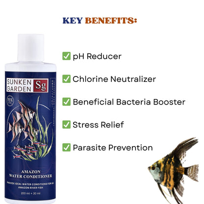Sunken Garden Amazon Fish Water Conditioner | pH Reducer + Chlorine Neutralizer + Parasite Prevention | Made for All Amazonian Fish Such as Angels and tetras (200 ml + 30 ml)