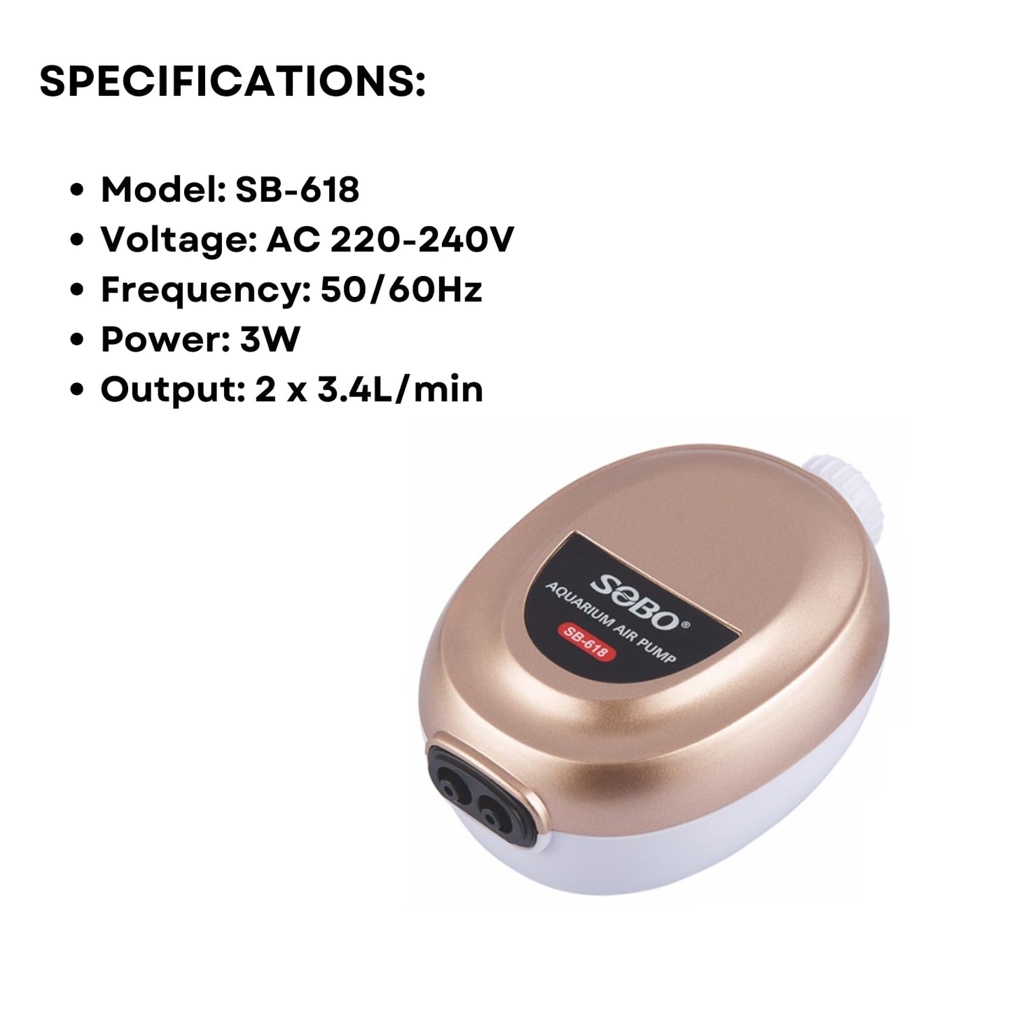 S0B0 SB-618 Air Pump for Aquarium Fish Tank | Adjustable Flow Rate | Dual Outlet | Power: 3W | F.Max: 2 x 3.4L/min | Original from Tunai Store