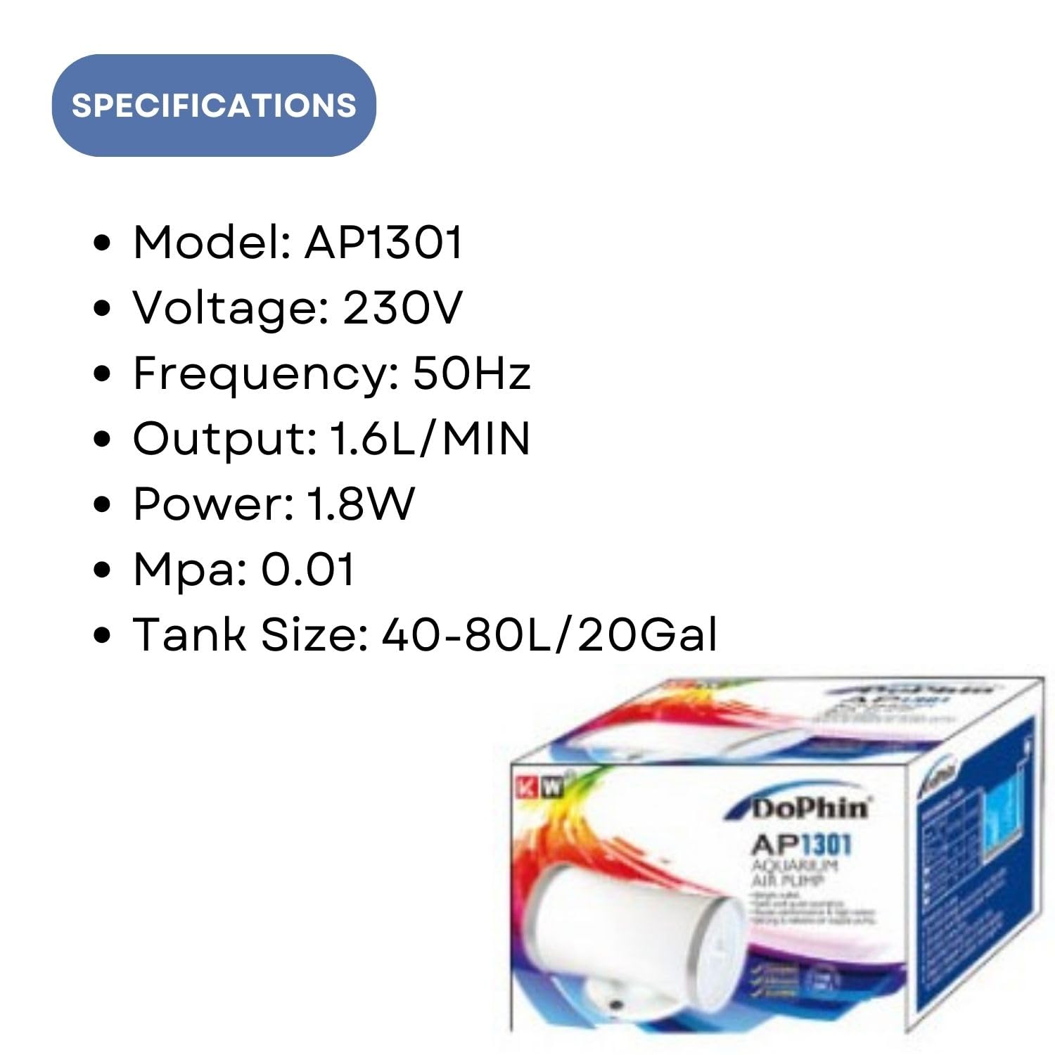 Dophin AP1301 Air Pump for Aquarium Fish Tank | Single Outlet | Output: 1.6L/min | Suitable for Fish Tank Size 40-80L | (Original from Tunai Store)