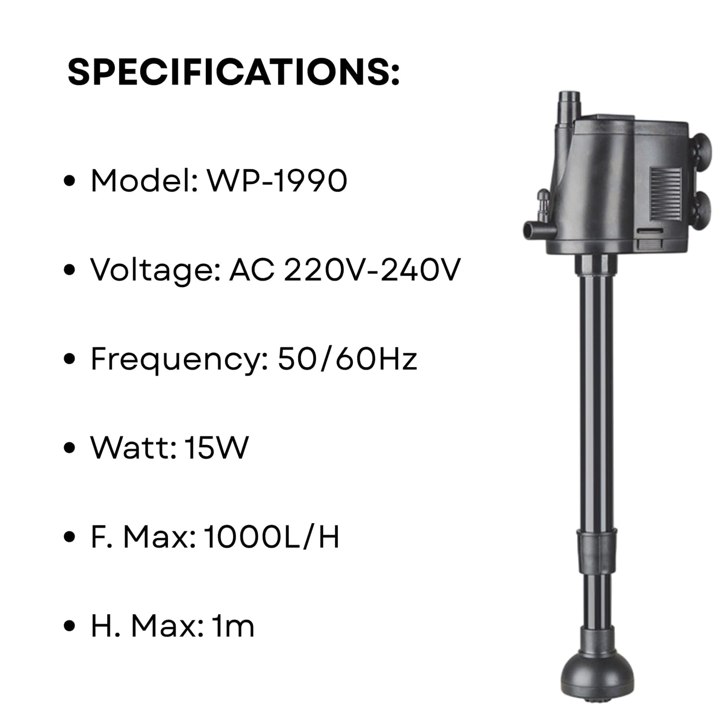 S0B0 WP-1990 Power Head for Aquarium FIsh Tank | Powerful Water Circulation for Strong and Consistent Flow | Ideal for Marine and Fresh Water | Power: 15W | F.Max: 1000L/H | Original from Tunai Store