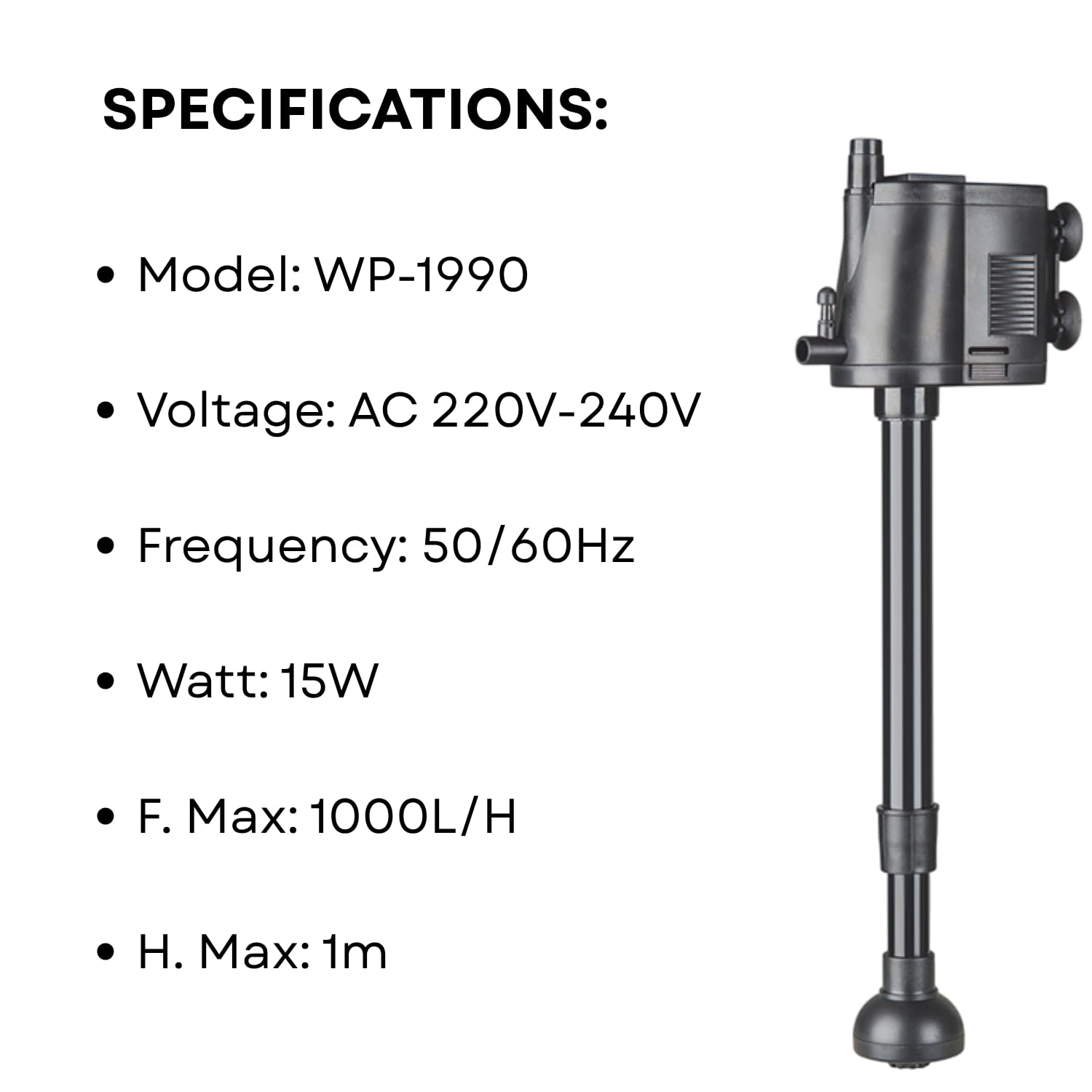 S0B0 WP-1990 Power Head for Aquarium FIsh Tank | Powerful Water Circulation for Strong and Consistent Flow | Ideal for Marine and Fresh Water | Power: 15W | F.Max: 1000L/H | Original from Tunai Store