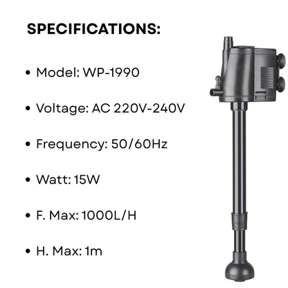 S0B0 WP-1990 Power Head for Aquarium FIsh Tank | Powerful Water Circulation for Strong and Consistent Flow | Ideal for Marine and Fresh Water | Power: 15W | F.Max: 1000L/H | Original from Tunai Store