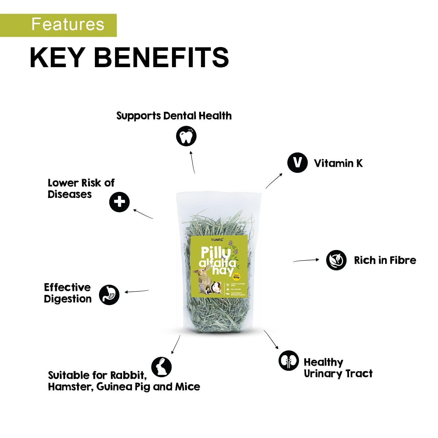 Tunai Pillu Alfalfa Sun Dried Hay for Small Animals Like Rabbit, Hamsters, Lactating Guinea Pigs and White Mice (Alfalfa Hay - 1Kg)