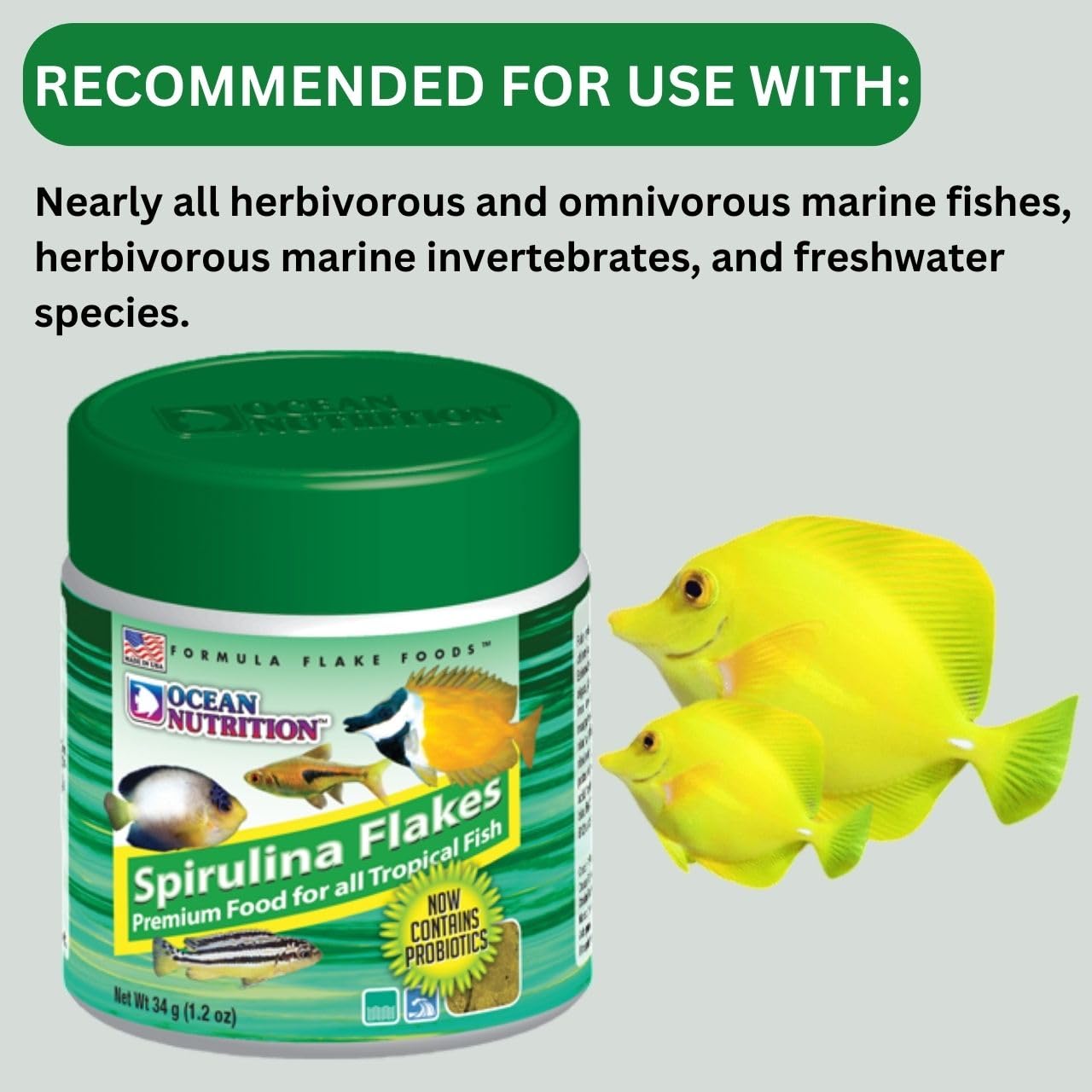 ON+ Spirulina Flakes Fish Food with Probiotics (Original from Tunai Store) | Premium Flake Food for All Tropical Fish (34gms, Flake)