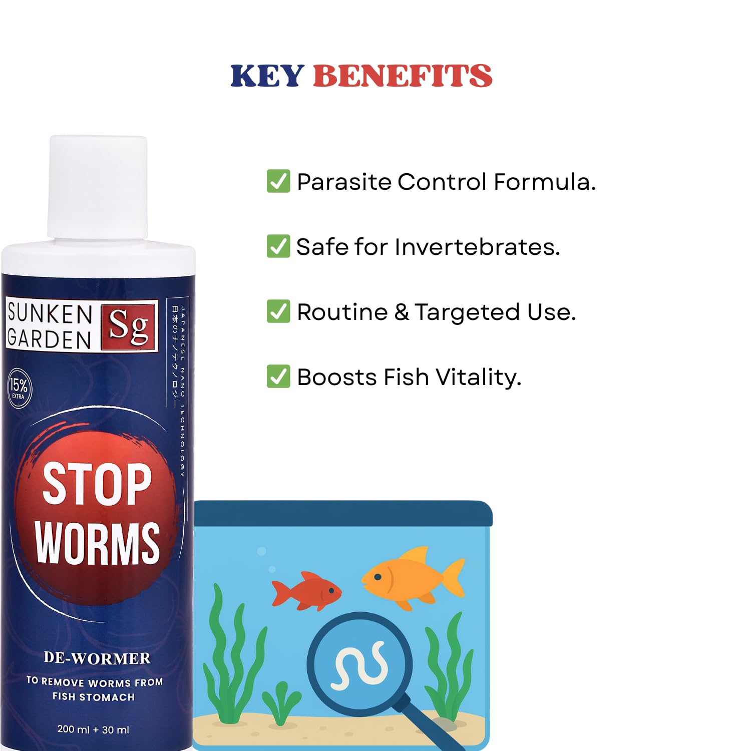 Sunken Garden Stop Worms| Liquid De-Wormer for Freshwater Aquariums | Safe for Fish, Shrimp & Snails (200 ml + 30 ml)