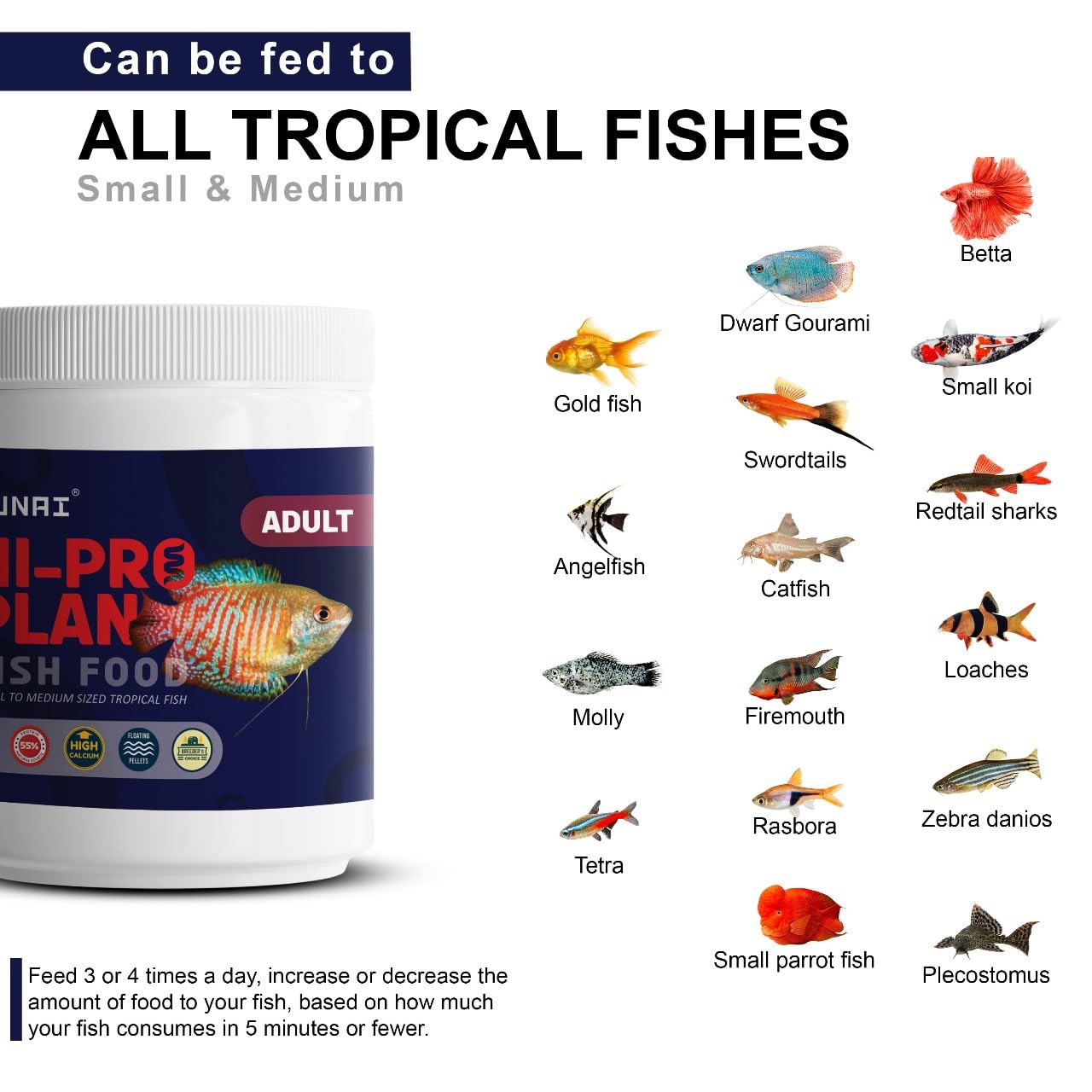 Tunai HI-PRO Plan 55% Protein Reinforced Fish Food |100g, 1mm Pellets| Can be Fed for Medium & Adult Sized Goldfish, Betta. Angelfish, Molly, Tetra, Dwarf Gourami, Small Koi