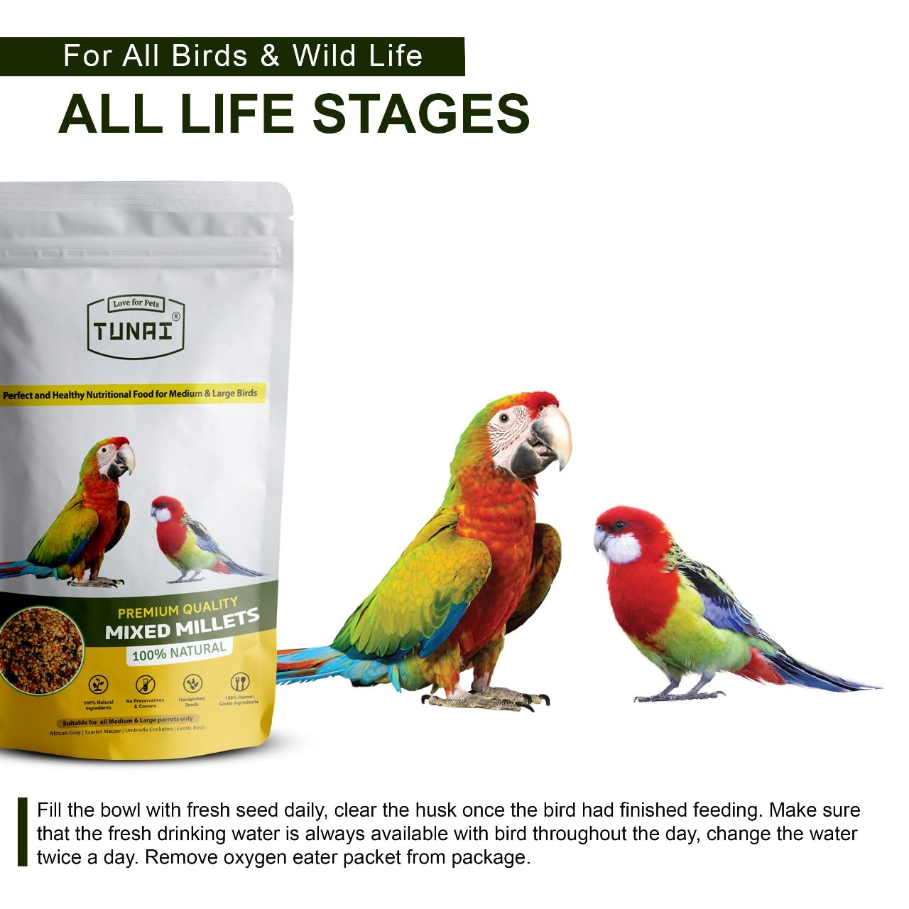TUNAI Bird Food Of Endless Mixed Millets|450G|For Amazons, Macaws, Conures, Senegals, African Greys, Budgies, Lovebirds, & Cockatiels - All Life Stages