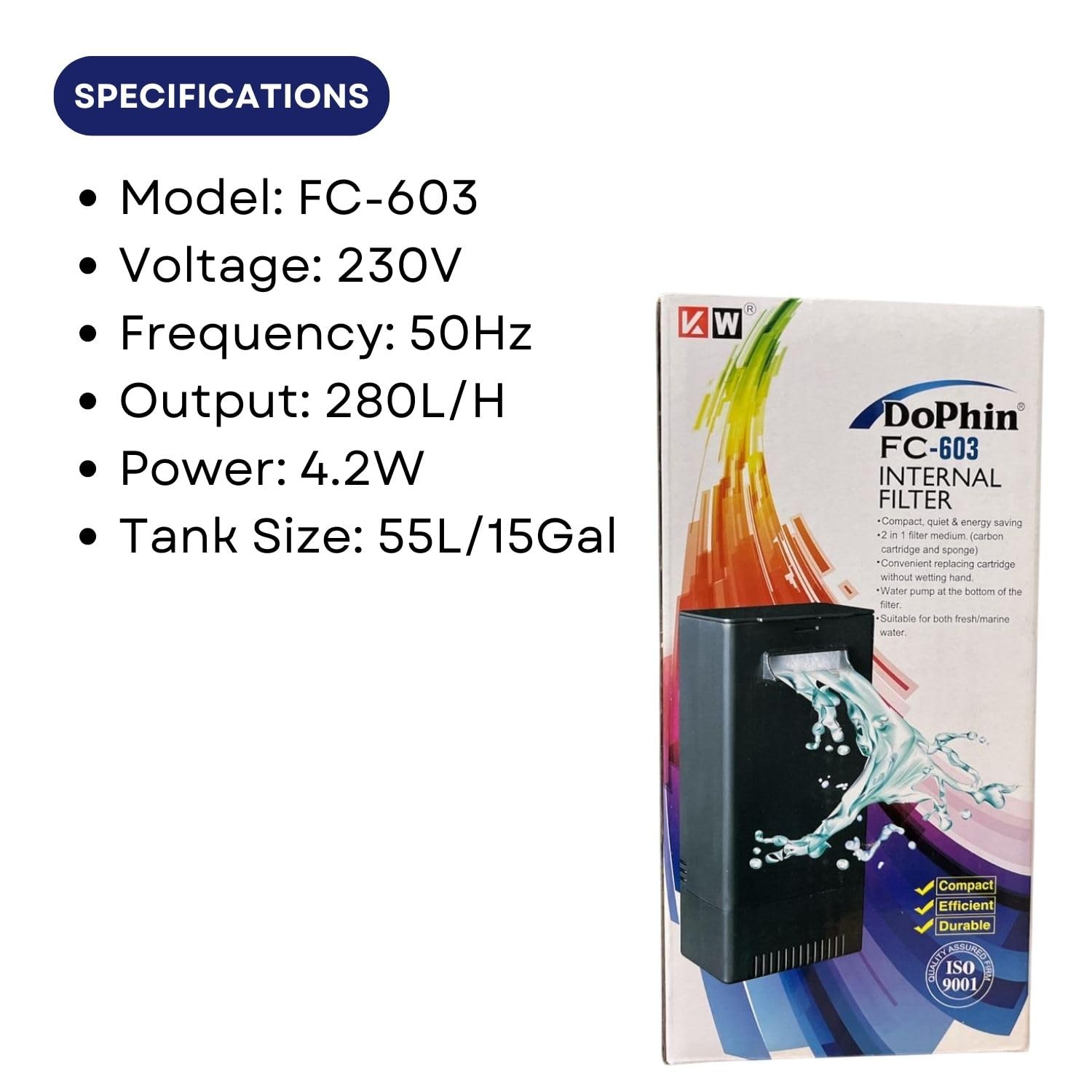TUNAI Dophin FC-603 Internal Filter Box For Aquarium Fish Tank | Suitable For Both Fresh And Marine Water | Output: 280L/H | Suitable For Tank Size 55L | (Original from Store)