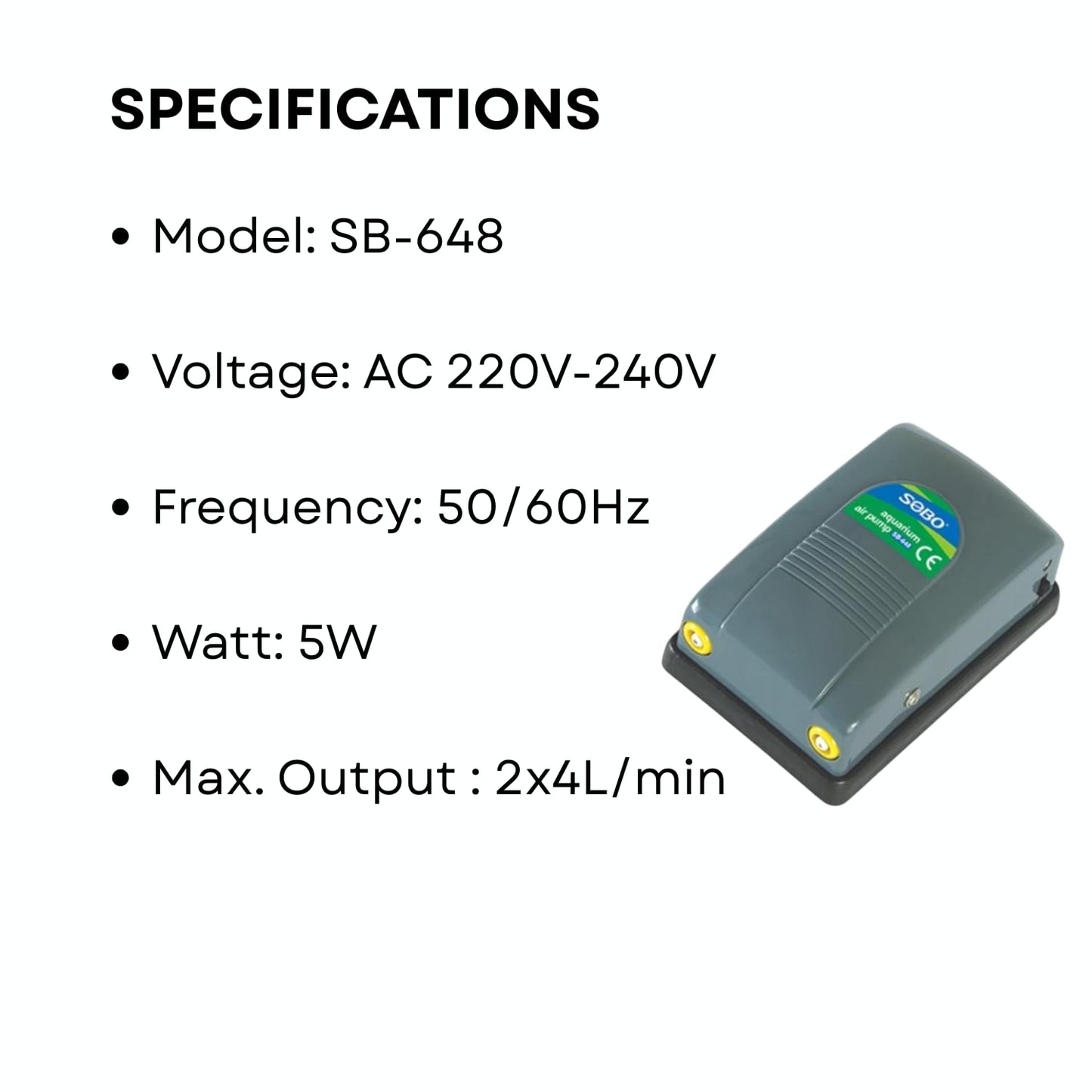 S0B0 SB-648 Air Pump for Aquarium Fish Tank | Energy Saving Design | Low Noise and Big F.Max | Single Outlet | Power: 5W | F.Max: 2 x 4L/min | Original from Tunai Store
