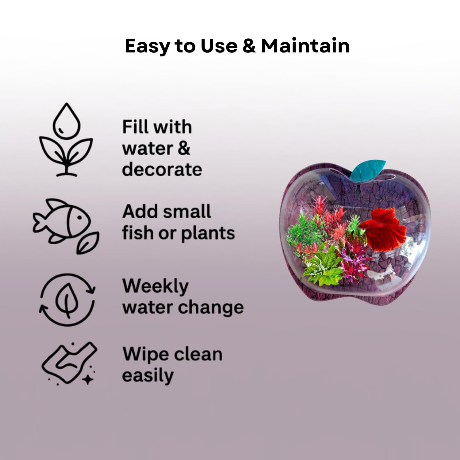 Wall Mount 15-inch Wine Apple Shape Fish Bowl – Without Stand | Modern Aquarium for Home, Office & Café Décor | Space Saving Design | Elegant Fish Tank & Plant Terrarium | Compact Design