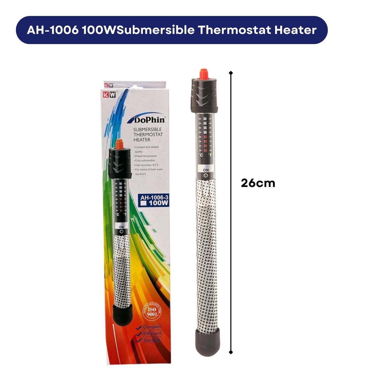 Dophin AH-1006 100W Submersible Thermostat Heater for Aquarium Fish Tank| Preset Temperature | Fully Submersible | Suitable for Tank Size 100L | (Original from Tunai Store)