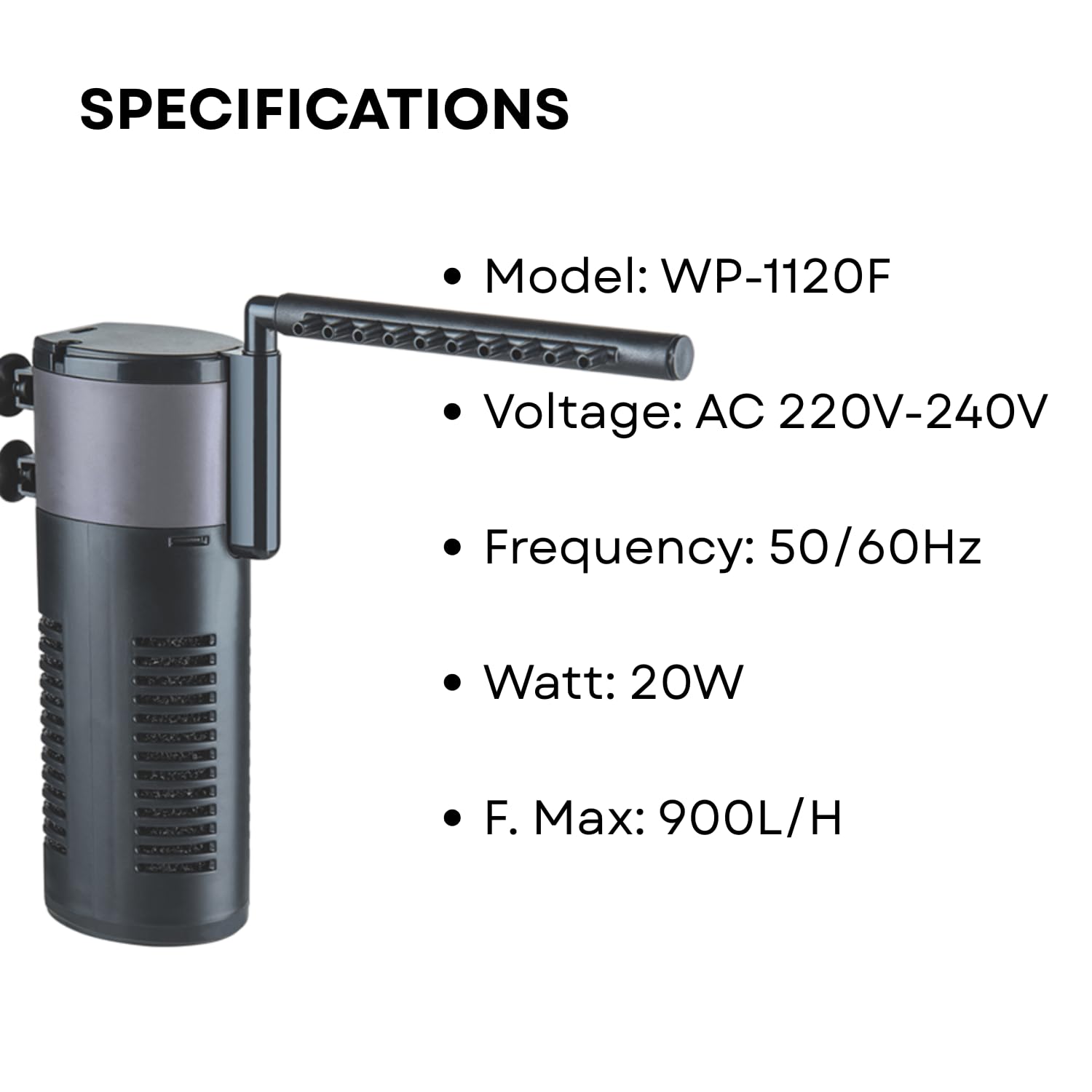 S0B0 WP-1120F Internal Filter for Aquarium Fish Tank | Completely Submersible | Absorbs Dirt & Clears the Water | For Fresh & Marine Water Tank | Power: 20W | F.Max: 900L/H | Original from Tunai Store