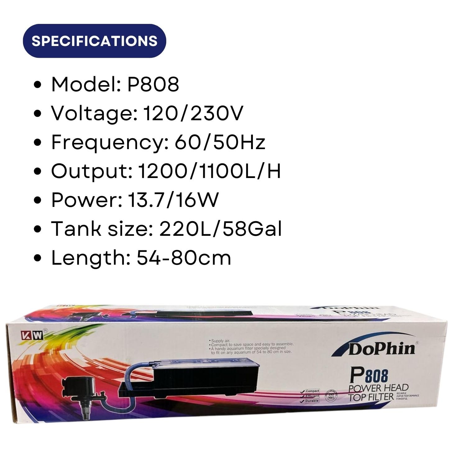 Dophin P808 Power Head Top Filter for Aquarium Fish Tank | Compact, Efficient and Durable | Output: 1200/1100L/H | Suitable for Tank Size 220L | (Original from Tunai Store)