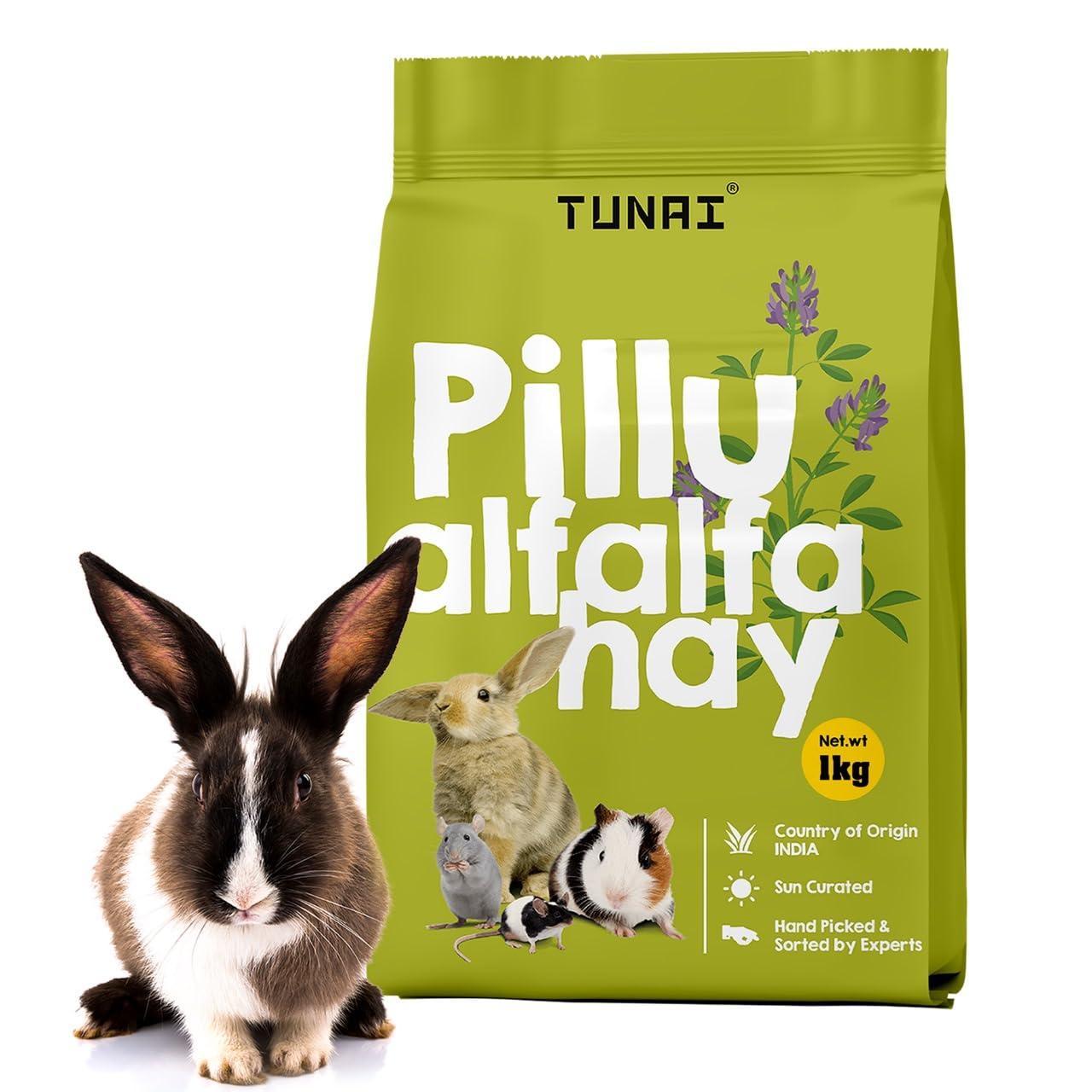 Tunai Pillu Alfalfa Sun Dried Hay for Small Animals Like Rabbit, Hamsters, Lactating Guinea Pigs and White Mice (Alfalfa Hay - 1Kg)