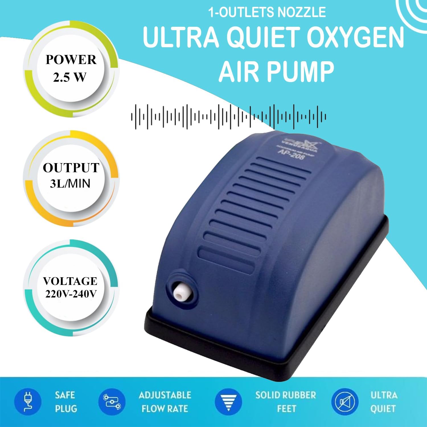 Venus Aqua AP-208 Aquarium Air Pump | Single Nozzle Oxygen Pump | Low Noise 2-Speed Adjustable Aerator | 2.5W Power, 3.5L/Min Air Flow for Freshwater & Marine Fish Tanks