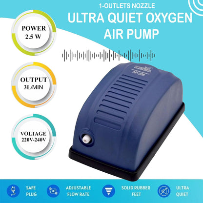 Venus Aqua AP-208 Aquarium Air Pump | Single Nozzle Oxygen Pump | Low Noise 2-Speed Adjustable Aerator | 2.5W Power, 3.5L/Min Air Flow for Freshwater & Marine Fish Tanks