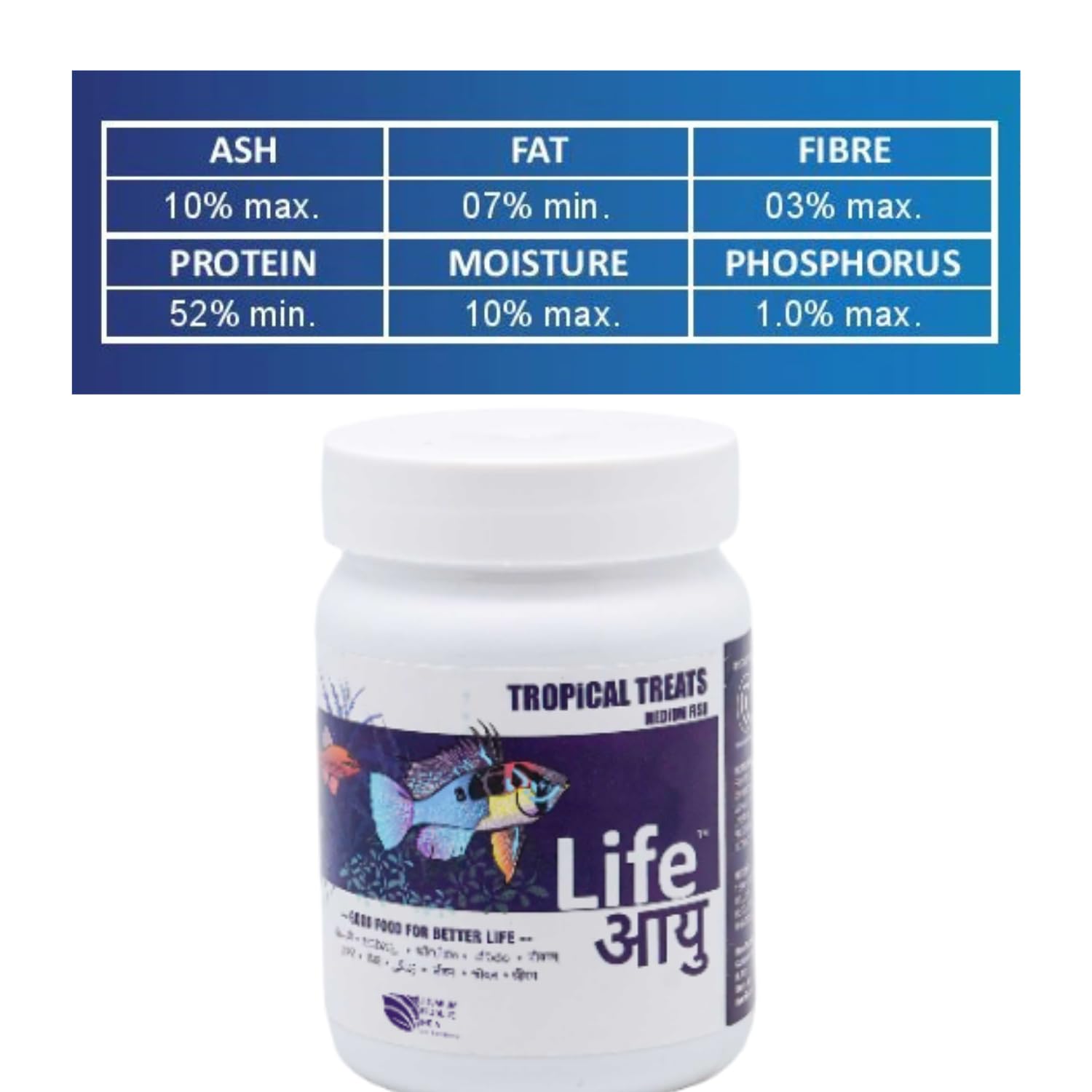 Life AAYU Tropical Treats Fish Food | Ayurvedic Immunity Boost with Spirulina, Moringa, Garlic & Color Enhancers | for All Tropical Fishes | (Medium, 70gms)