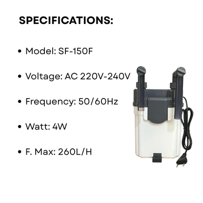 TUNAI S0B0 SF-150F External Hanging Filter for Aquarium Fish Tank | Mechanical, Chemical and Biological Filtration | Power: 4W | F.Max: 260L/H