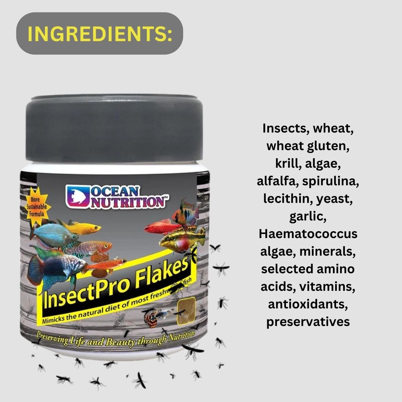 ON+ InsectPro Flakes Fish Food (Original from Tunai Store) | Mimicks The Natural Diet of Most Freshwater Fish (34gms, Flake)