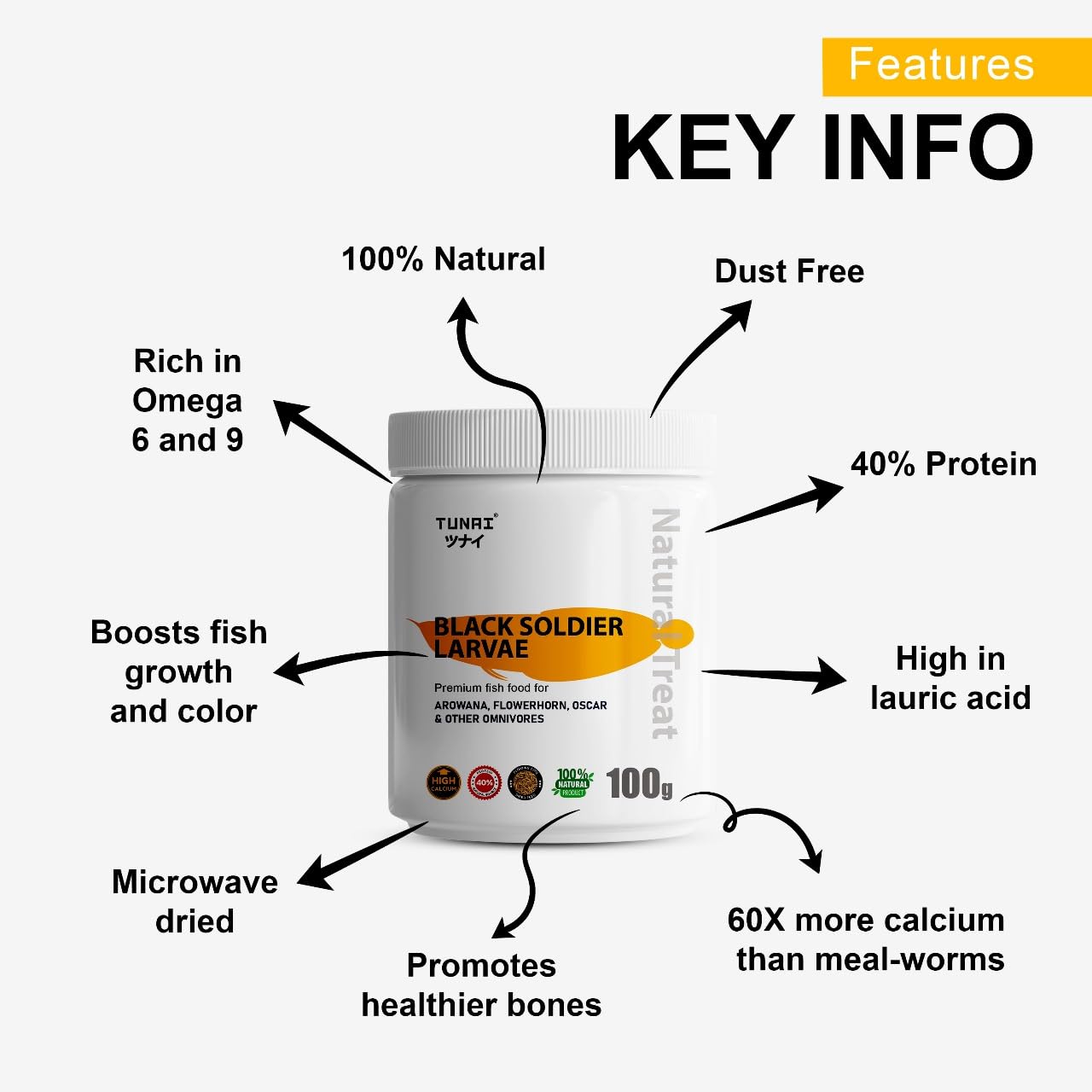 TUNAI Black Soldier Fly Larvae BSFL Larvae |100G| 60X More Calcium Than Meal Worms, Fish Food for Oscar, Arowana, Flowerhorn, Adult Turtle, Tortoise and Other Reptiles