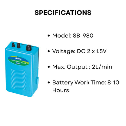 S0B0 Portable Battery Air Pump for Aquarium Fish Tank | Ease and Quiet Operation | Ideal for Smaller Tanks | (Original from Tunai Store) (SB-980)