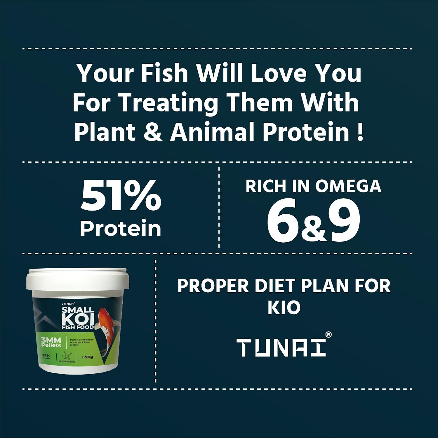 TUNAI Small Koi Fish Food | 3MM Pellets | Enriched with 51% Protein |Suitable for All Medium Sized Pond Fish, 1.5KG (3MM, 1.5Kg)