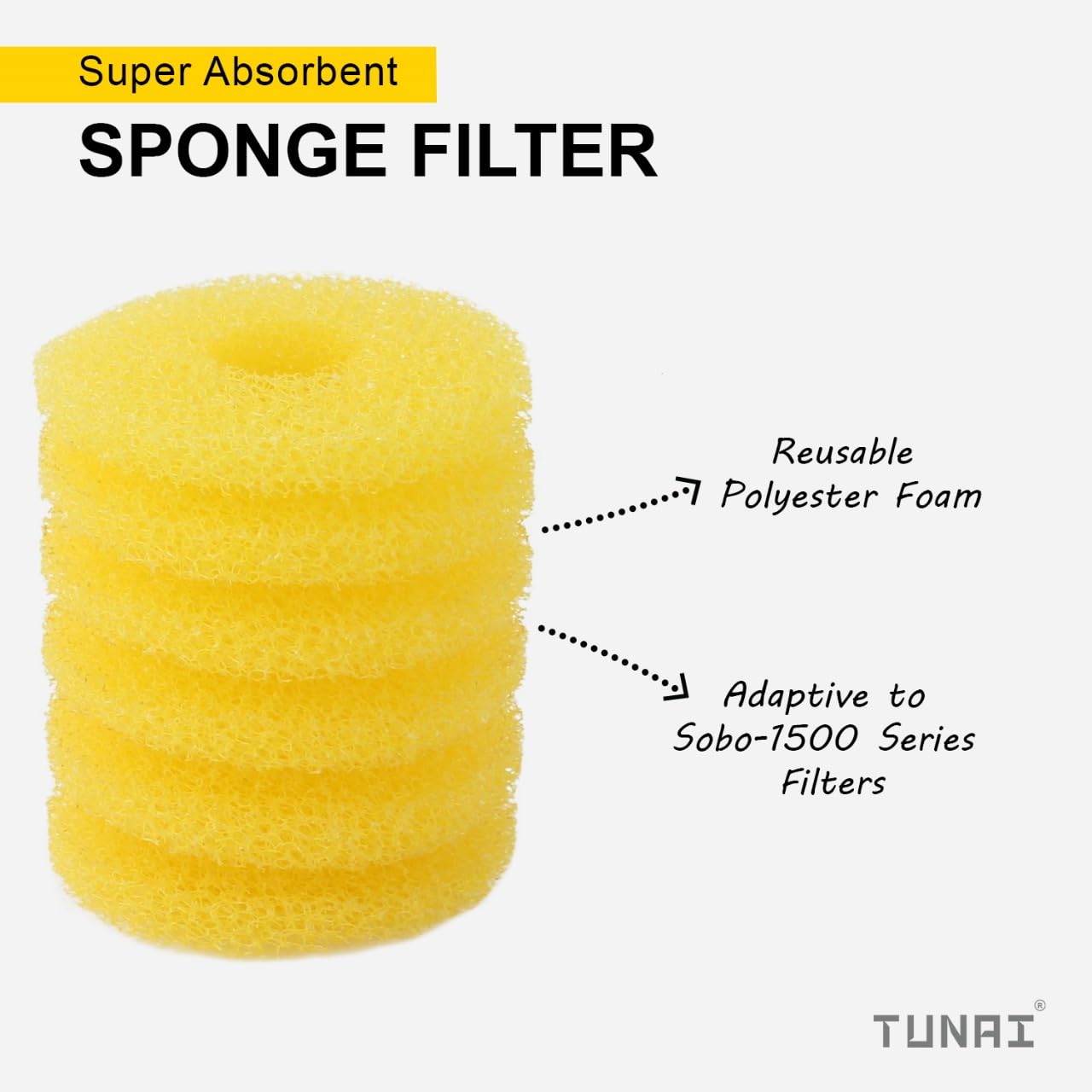 TUNAI Replacement Spiral Cylindrical Shape Sponges for S0B0 FE-1502, S0B0 FE-1503 & S0B0 FE-1504 Cartridge Type Filters | Yellow, Pack of 5